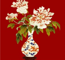 绣花刺绣牡丹与花瓶图片