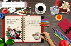 HanMaker韩国设计素材库背景图片卡片礼物祝福圣诞本子笔物品照片咖啡叶子