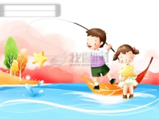 圣诞女孩HanMaker韩国设计素材库背景图片圣诞卡通可爱男孩女孩钓鱼
