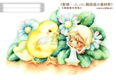 HanMaker韩国设计素材库背景卡通漫画淡彩儿童女孩花叶子小鸡蛋壳