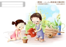 女人花HanMaker韩国设计素材库背景卡通漫画可爱人物孩子女孩母亲母女浇花儿童