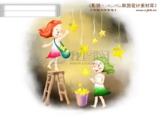 儿童友谊HanMaker韩国设计素材库背景卡通漫画可爱人物女孩星星玩耍友谊朋友儿童