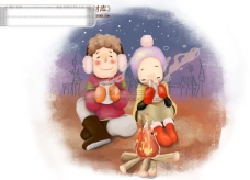 HanMaker韩国设计素材库背景卡通漫画可爱人物女孩男孩篝火温暖甜蜜儿童