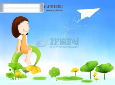 HanMaker韩国设计素材库背景卡通漫画可爱梦幻童年孩子男孩纸飞机荷叶