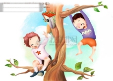 人物漫画HanMaker韩国设计素材库背景卡通漫画可爱人物孩子男孩玩耍爬树儿童