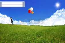 奔跑小孩子婴儿气球草地蓝天影骑韩国实用设计分层源文件PSD源文件